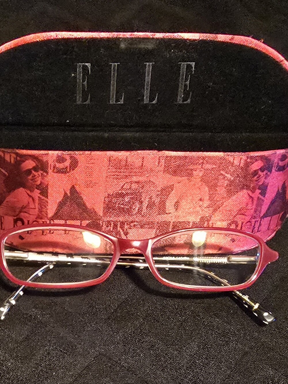 Vintage Designer ELLE Pink Rectangular Eyeglasses with Printed Case